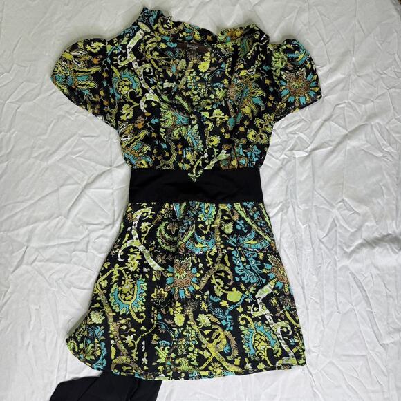 Y2k belissimo green and black  paisley print dress with black ribbon belt SIZE S - Picture 2 of 8